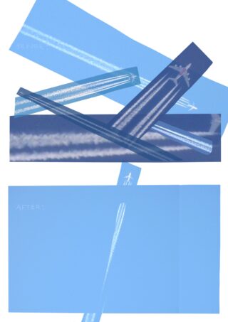 Collage, die ein Flugzeug zeigt, das Kondensstreifen in einem blauen Himmel hinterlässt, mit „VORHER“ über dichten Kondensstreifen und „NACHHER“ über leichteren, einzelnen Kondensstreifen.