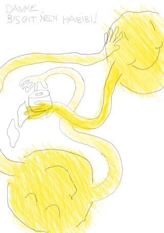 Zwei gelbe, runde Figuren mit lächelnden Gesichtern und langen Armen tauschen einen kleinen Gegenstand aus. Über ihnen steht in grauer Handschrift: „DANKE, BISCHT NEN HABIBI!“.