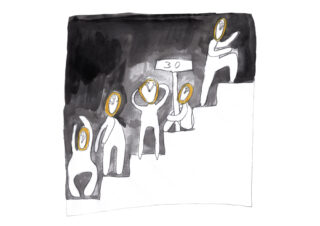 Fünf gesichtslose Figuren mit goldumrandeten ovalen Köpfen stehen oder sitzen auf Stufen; eine hält ein Schild mit der Zahl „30“ vor dunklem Hintergrund.