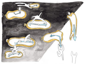 Abstrakte Illustration, die menschliche Figuren in gelb umrandeten zellenartigen Formen mit blauen Pfeilen vor einem schwarz-weißen Hintergrund zeigt. Einige Figuren befinden sich außerhalb der Formen.