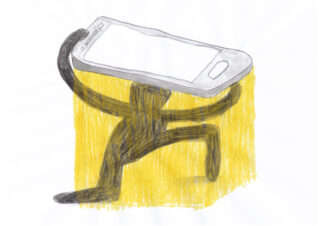 Eine gezeichnete Figur mit einem Smartphone als Kopf läuft über einen gelben Hintergrund.