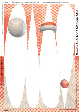 Abstraktes Poster mit zwei strukturierten Kugeln, eine graue und eine rote, die über länglichen roten und weißen Ovalen schweben; der Text an den Seiten bezieht sich auf ein Konzert im Stuttgarter Konzerthaus.