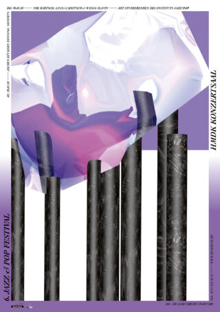 Abstraktes Poster mit einem durchscheinenden rosa und violetten Objekt über einer Reihe von sieben vertikalen, schwarz strukturierten Stäben; der Text wirbt auf Deutsch für ein Jazz- und Popfestival.