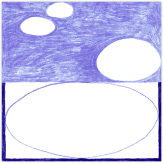 Ein handgezeichnetes Bild mit vier weißen ovalen Formen; drei kleinere in einem blau schattierten oberen Abschnitt und ein großes Oval in einem weißen unteren Abschnitt, getrennt durch eine horizontale Linie.