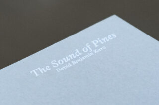 Ein blaugrauer Buchumschlag mit dem Titel „The Sound of Pines“ und dem in weißer Schrift gedruckten Namen des Autors, David Benjamin Kurz.