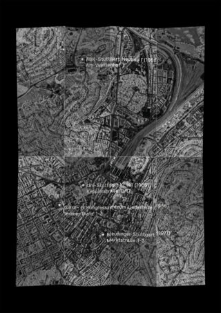 Eine Graustufen-Luftbildkarte von Stuttgart mit fünf beschrifteten Standorten, darunter ABK-Stuttgart Neubau, Uni Stuttgart und Breuninger Stuttgart, markiert mit Adressen und Jahreszahlen.