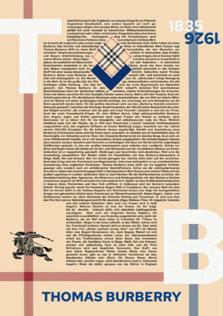 Textlastiges Poster mit den Jahreszahlen 1835 und 1926, großen Buchstaben T und B, einem Burberry-Karomuster, einem Reiterlogo und dem Namen „THOMAS BURBERRY“ am unteren Rand. Der Text ist auf Deutsch.