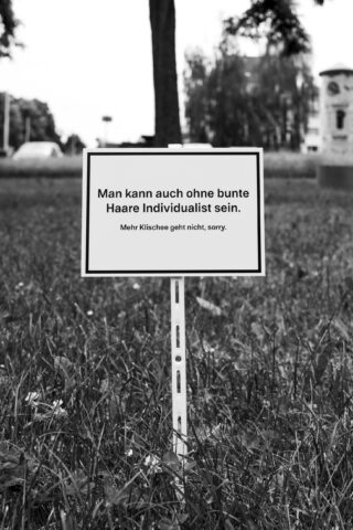 Auf einer Wiese steht ein Schild mit der Aufschrift „Man kann auch ohne bunte Haare Individualist sein. Mehr Klischee geht nicht, sorry.“ Bäume und Gebäude sind im Hintergrund.