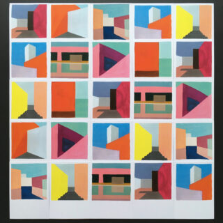 Ein Raster aus 25 abstrakten Gemälden, jedes mit geometrischen Formen in kräftigen, kontrastierenden Farben, darunter Rot, Blau, Gelb, Rosa und Orange.