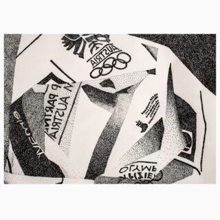 Schwarz-weiße Punktillustration verschiedener Aufnäher mit olympischen Motiven, darunter ein Österreich-Aufnäher, die sich auf einem abstrakten Hintergrund überlappen.
