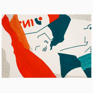 Abstrakte Collage mit blaugrünen und orangefarbenen Formen auf einem Hintergrund aus zerschnittenem gedrucktem Text. Einige geschwungene und eckige Formen sind mit Textfragmenten und teilweise roter Schrift durchsetzt.