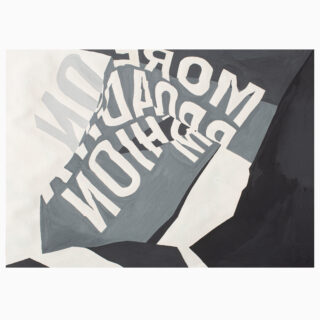 Abstraktes Gemälde mit fragmentiertem, verzerrtem weißem Text mit der Aufschrift „MORE DRAGON“ auf einem schwarz-weiß-grauen geometrischen Hintergrund.