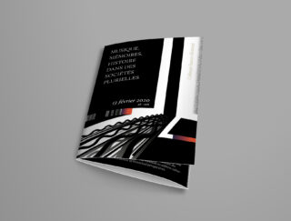 Eine Broschüre mit dem Titel „Musique, Mémoires, Histoire dans des Sociétés Plurielles“ mit abstrakten schwarzen, weißen und roten Designelementen vom 13. Februar 2020.