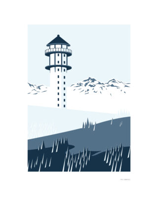 Minimalistische Illustration eines hohen Aussichtsturms mit runder Spitze vor schneebedeckten Bergen und einem abfallenden, grasbewachsenen Vordergrund.