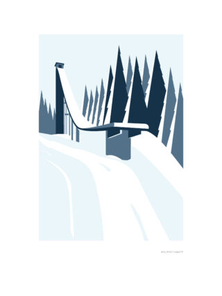 Illustration einer Skisprungschanze, umgeben von hohen Kiefern in einer verschneiten Landschaft, mit einem kleinen Gebäude oben auf der Schanze.