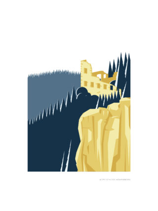 Stilisierte Illustration des Alten Schlosses Hohenbaden, teilweise verborgen durch Kiefern auf einer Klippe, mit minimaler Farbpalette aus Gelb- und Blautönen.