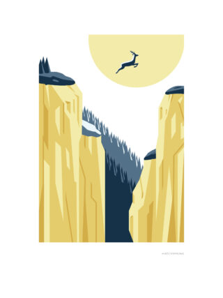 Stilisierte Illustration eines Hirsches, der zwischen zwei hohen gelben Klippen mit Kiefern und einer großen Sonne oder einem Mond im Hintergrund springt.