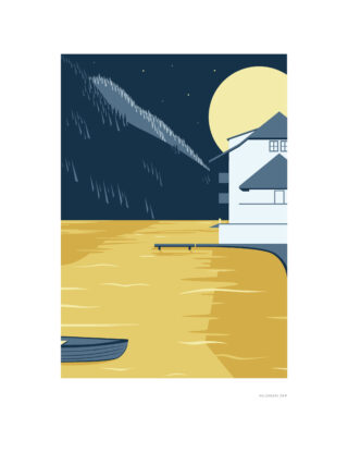 Illustration eines Sees bei Nacht mit einem Boot, einem Dock, einem Gebäude am Ufer, Bergen im Hintergrund und einem großen Vollmond am Himmel.