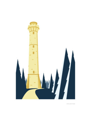 Abbildung eines hohen, gelben Leuchtturms, umgeben von dunkelgrünen Kiefern, mit einem gewundenen Pfad, der zum Turm führt.