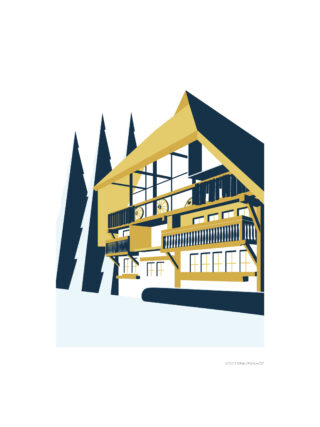 Stilisierte Darstellung eines mehrstöckigen Alpenchalets mit Holzbalkonen, großen Fenstern und Kiefern im Hintergrund.