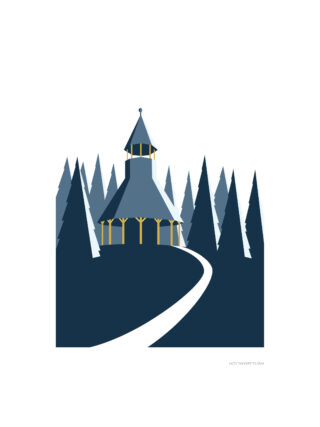 Minimalistische Illustration eines Holzturms mit Spitzdach, umgeben von hohen Kiefern, mit einem geschwungenen Weg, der zum Eingang führt.