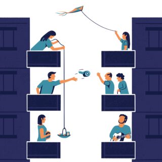 Illustration von Menschen auf Wohnungsbalkonen; einer lässt einen Drachen steigen, ein anderer spielt Gitarre, einige unterhalten sich, einer gießt Pflanzen, einer schickt Essen in einem Korb und einer greift nach einer Drohne.