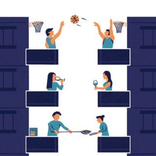 Abbildung von Menschen auf Wohnungsbalkonen: oben zwei Männer, die Basketball spielen, in der Mitte zwei Frauen, die etwas trinken, und unten ein Paar, das Essen grillt.