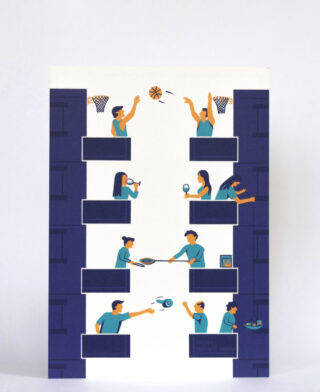 Illustration von Menschen, die auf den Balkonen eines Wohnhauses miteinander interagieren, Basketball spielen, Essen teilen und auf verschiedenen Etagen an verschiedenen Aktivitäten teilnehmen.