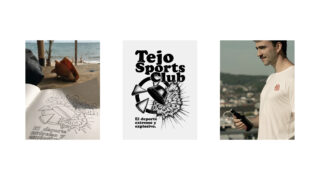 Drei Bilder: eine Tejo-Logo-Skizze auf Papier in Strandnähe, ein fertiges „Tejo Sports Club“-Logo und ein Mann, der im Freien Tejo-Ausrüstung hält.