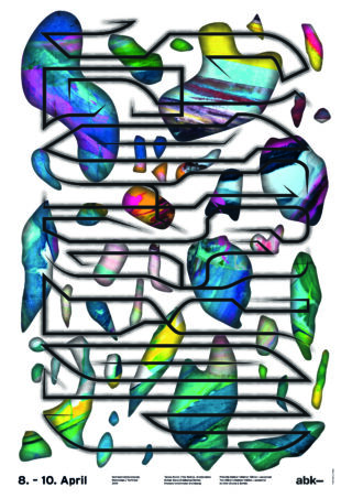 Abstraktes Poster mit lebendigen, mehrfarbigen organischen Formen, überlagert von dicken, eckigen schwarzen Linien. Der Text unten lautet „8. - 10. April“ und enthält zusätzliche Kleingedrucktes.