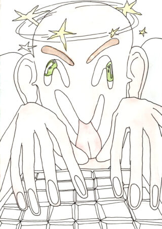 Strichzeichnung einer Person mit übertrieben großen Händen, die auf einer Tastatur tippt, die Augen weit aufgerissen, über ihrem Kopf wirbelnde Sterne, die Zunge herausgestreckt, sie wirkt überwältigt oder benommen.