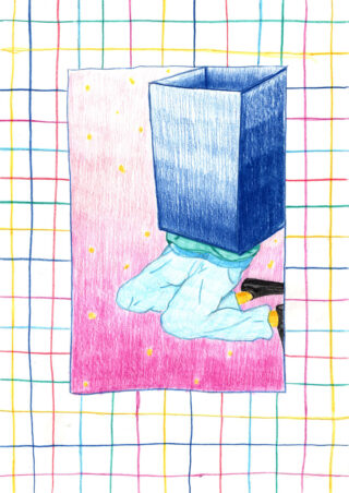 Eine Zeichnung von Füßen und Unterschenkeln mit einem blauen Kasten, der den Oberkörper bedeckt, vor einem rosa Rechteck und einem gitterförmigen Hintergrund.