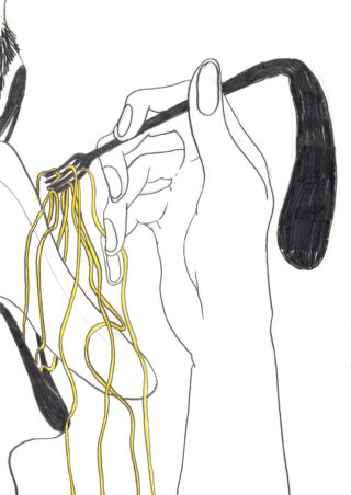 Eine Hand hält einen gebogenen Golfschläger und verwendet ihn als Gabel, um gelbe Spaghettinudeln aufzudrehen.