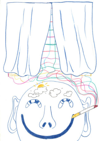 Unter einem Fenster mit zugezogenen Vorhängen lächelt ein großes Gesicht mit einer Zigarette; über dem Kopf erscheinen Wolken, Sonne und bunte Linien, die Gedanken oder Fantasie andeuten.