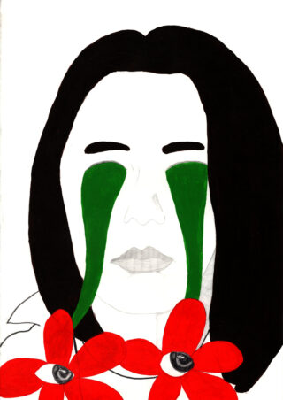 Eine schwarzhaarige Person, aus deren Augen grüne Tränen strömen; am unteren Bildrand sind zwei rote Blumen mit Augen in der Mitte zu sehen.