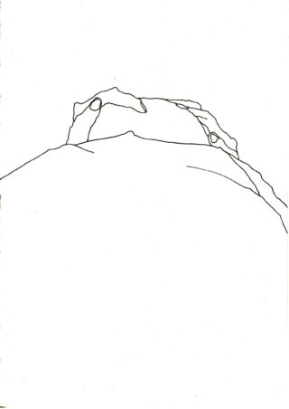 Eine einfache Strichzeichnung von zwei Händen, deren Fingerspitzen sich über einer gekrümmten Oberfläche berühren, auf einem schlichten weißen Hintergrund.