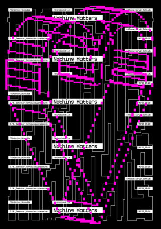 Ein Labyrinth in Form eines Herzens mit einem rosa hervorgehobenen Pfad, der an mehreren Textfeldern mit der Aufschrift „Nothing Matters“ und einigen Feldern mit Namen und Zahlen vorbeiführt.