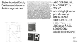 Ein schwarz-weißes typografisches Poster zeigt verschiedene Schriftarten, deutschen Text, Sonderzeichen sowie Bilder eines Schriftmusterbuchs und -covers.