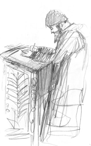 Bleistiftskizze einer Person mit Hut und Mantel, die an einem Podium oder Schreibtisch steht und auf ein Blatt Papier schreibt.