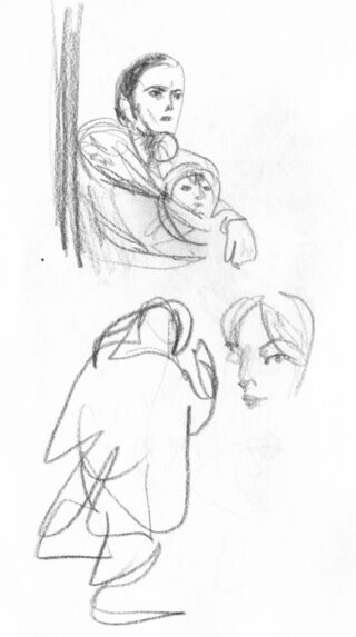 Bleistiftskizzen von Figuren und Gesichtern, darunter ein detailliertes Porträt einer Person mit einem weiteren Gesicht daneben und zwei gröbere, unvollendete Skizzen unten.