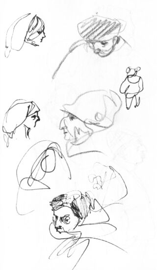 Eine Seite mit groben Bleistiftskizzen, darunter mehrere menschliche Gesichter im Profil und in Frontalansicht sowie eine kleine Figur mit Fühlern, alles in einem lockeren, gestischen Stil gezeichnet.