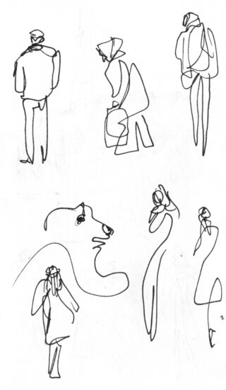 Eine schwarz-weiße Strichzeichnung von sechs abstrakten menschlichen Figuren und einer tierähnlichen Figur, alle mit durchgehenden, ununterbrochenen Linien skizziert.