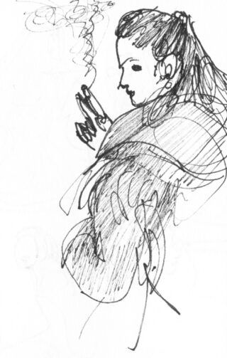 Schwarze Tintenskizze einer Person mit langem Haar zu einem Pferdeschwanz, die auf ein Telefon schaut, während in der Nähe ihres Gesichts Rauch aufsteigt.