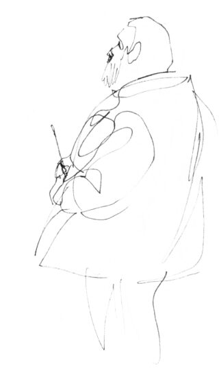 Lockere Strichzeichnung einer Person im Profil, die einen Taktstock hält, einen großen Mantel trägt, minimale Gesichtszüge und einfache, fließende Linien aufweist.