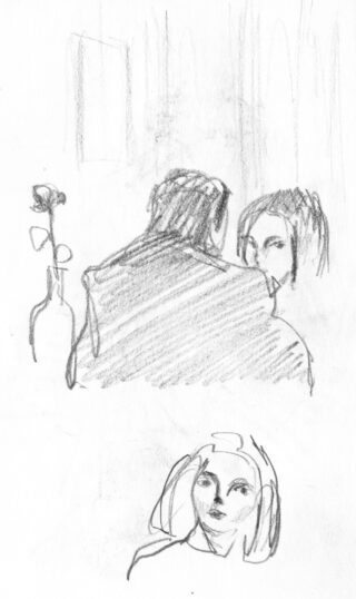 Bleistiftskizze von zwei Personen, die eng an einem Tisch mit einer Flasche und einer Blume sitzen, und einer separaten Skizze des Gesichts einer Frau darunter.