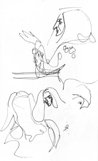 Strichzeichnung mit schwarzer Tinte, die abstrakte, sich überlappende menschliche Gesichter und Figuren mit fließenden, durchgehenden Linien auf einem schlichten weißen Hintergrund zeigt.