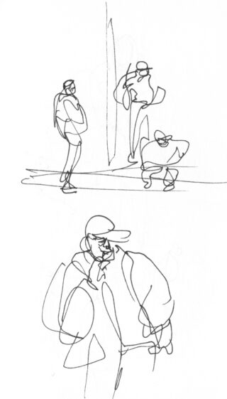 Eine minimalistische Strichzeichnung von drei stehenden und hockenden Personen, im Vordergrund eine weitere Person mit einer Mütze.