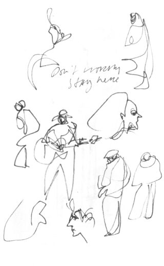 Lockere, abstrakte Strichzeichnungen verschiedener Personen, darunter eine Gitarre spielende Figur und ein handgeschriebener Text mit der Aufschrift „Keine Sorge, bleib hier.“.