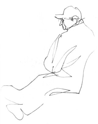 Minimalistische Strichzeichnung einer sitzenden Person im Profil, die eine Mütze und weite Kleidung trägt, die Arme verschränkt und die Beine ausgestreckt hat.