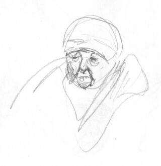Bleistiftskizze einer älteren Person mit Kopftuch und in einen Schal gehüllt, mit ernstem Gesichtsausdruck.